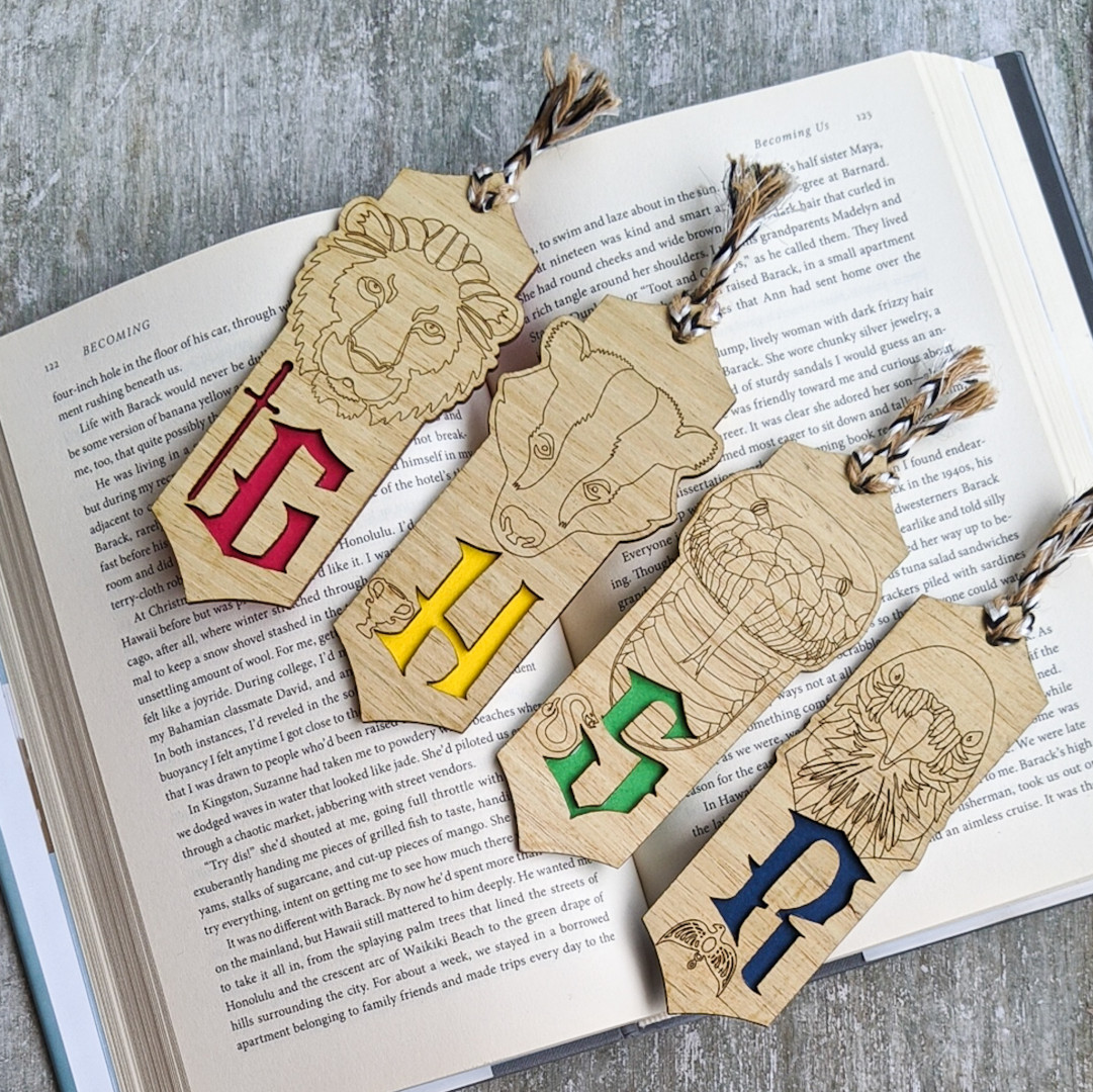 Harry Potter themed premium wooden engraved bookmarks set of 4, Fantasy collection