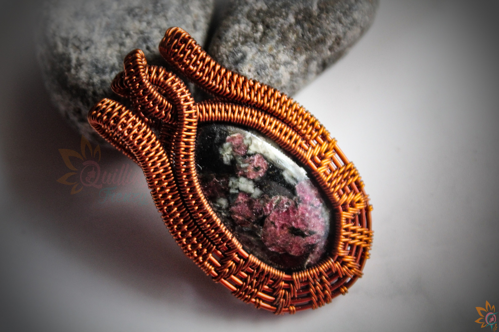 Black and Pink Edulite gemstone wire woven pendant