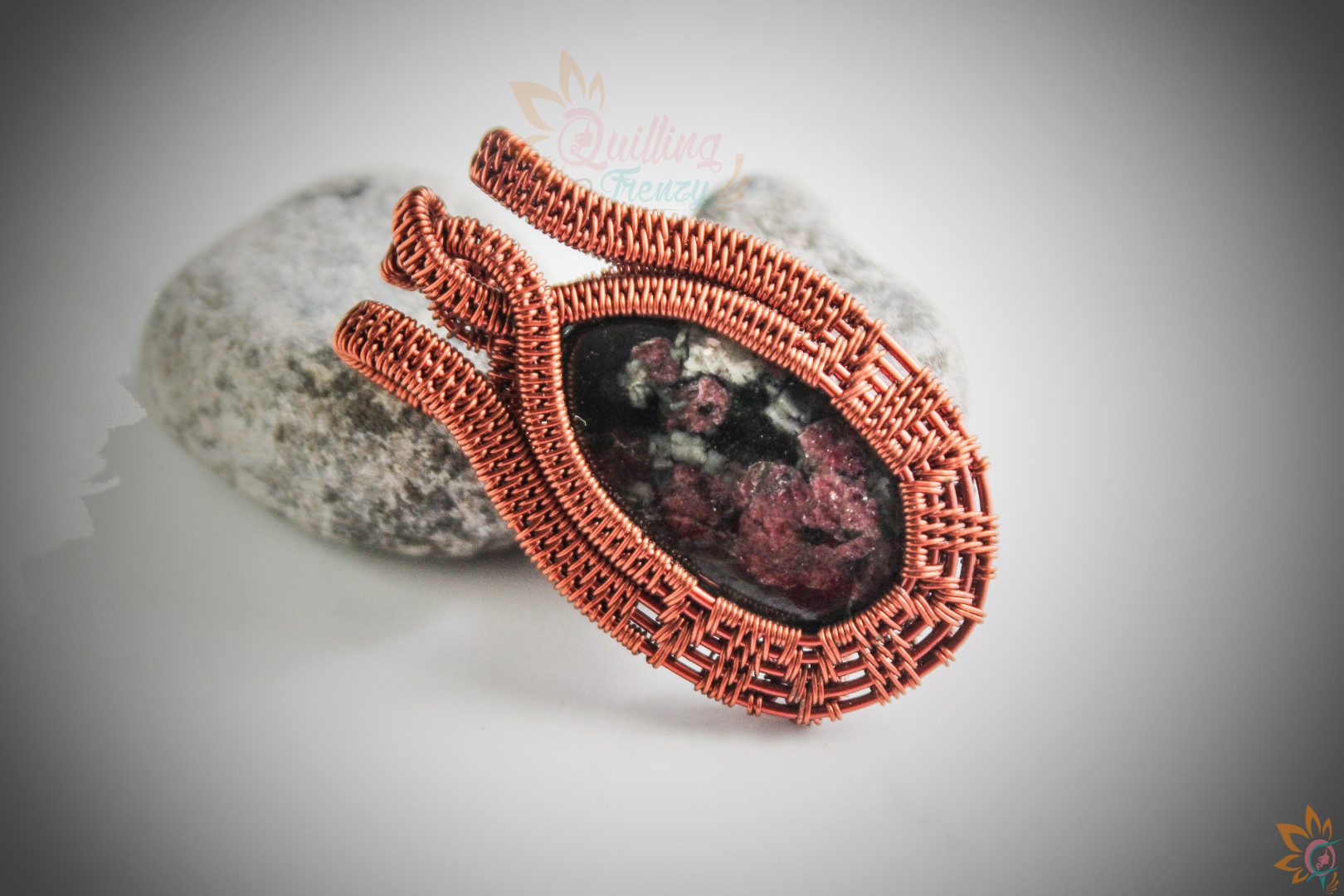 Black and Pink Edulite gemstone wire woven pendant