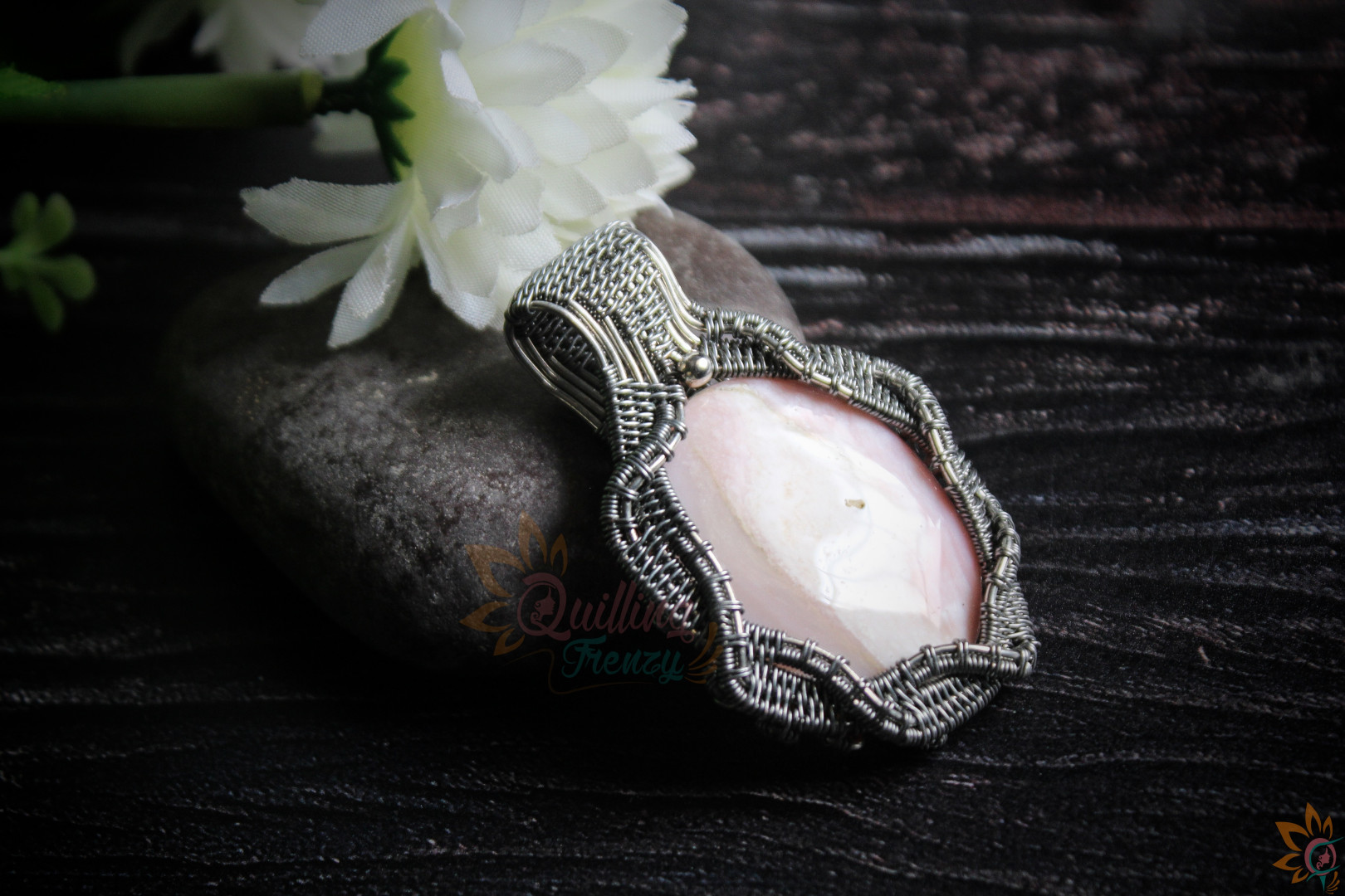 White and Pink Wire Woven pendant