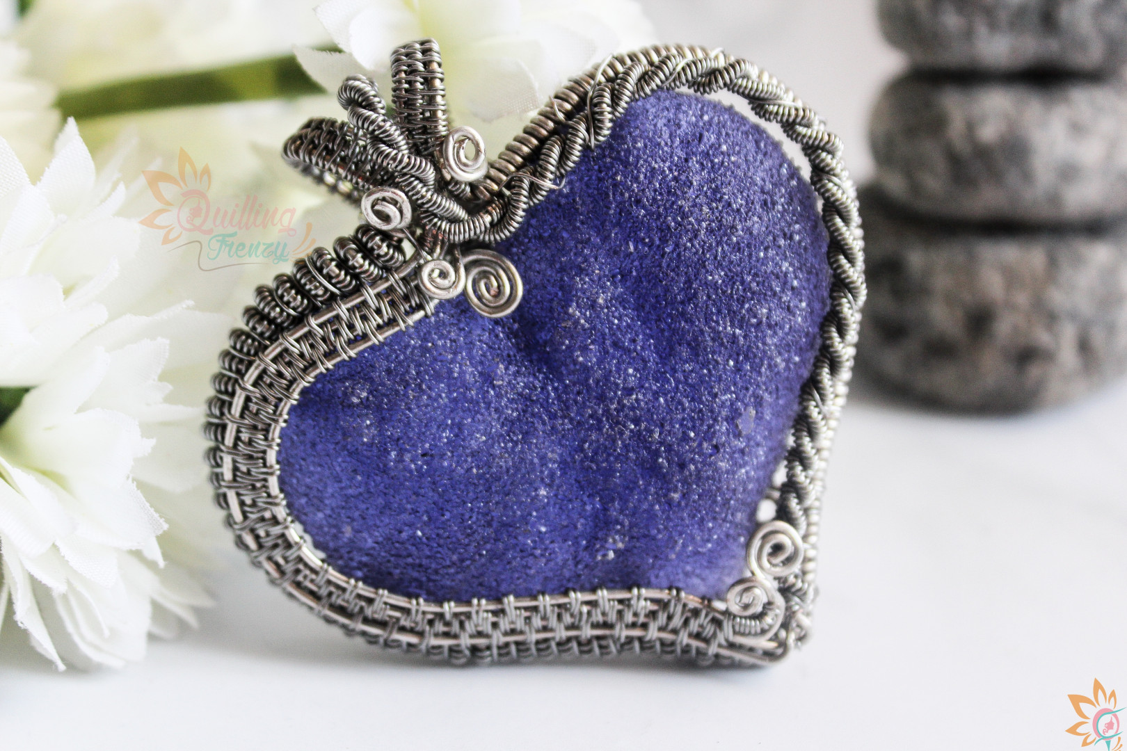Violet heart druzy wire wrap pendant