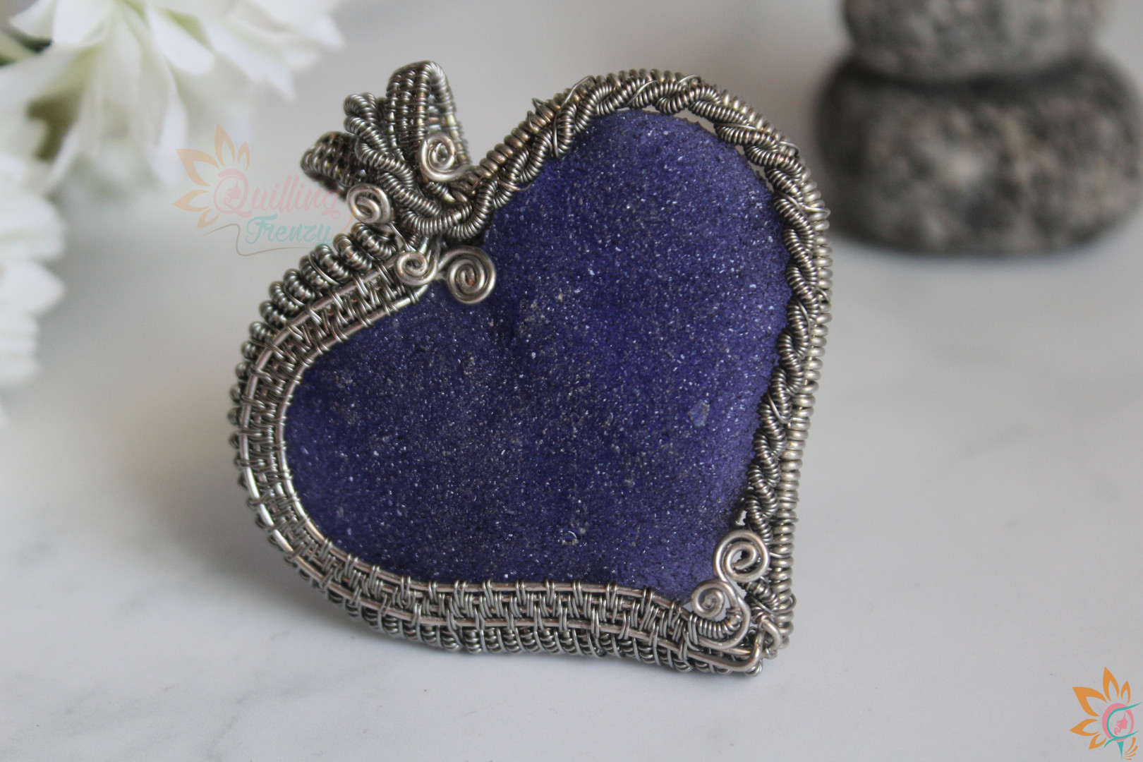 Violet heart druzy wire wrap pendant