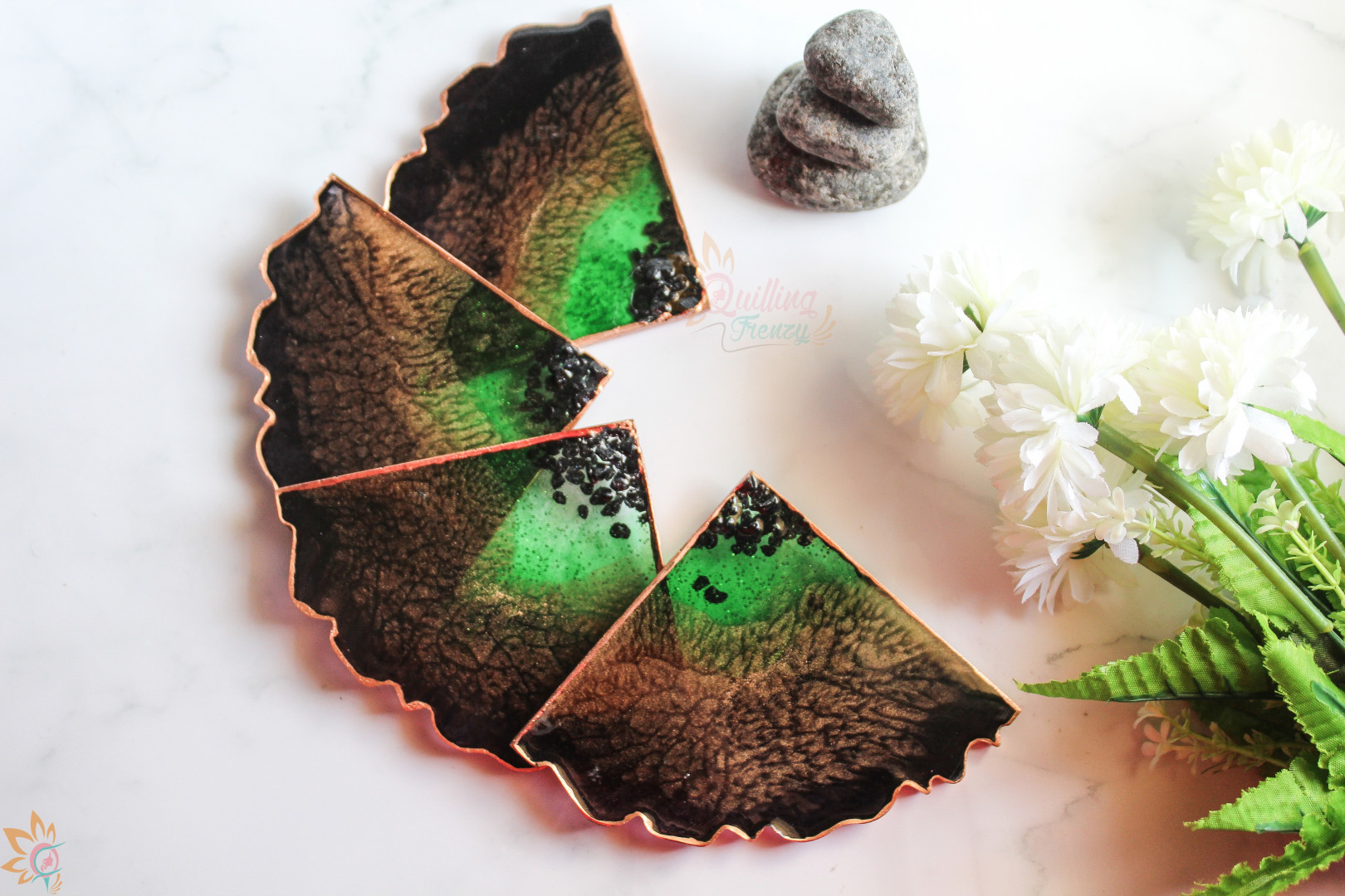 Green, Brownish Copper and Black irregular resin coasters - Set of 4