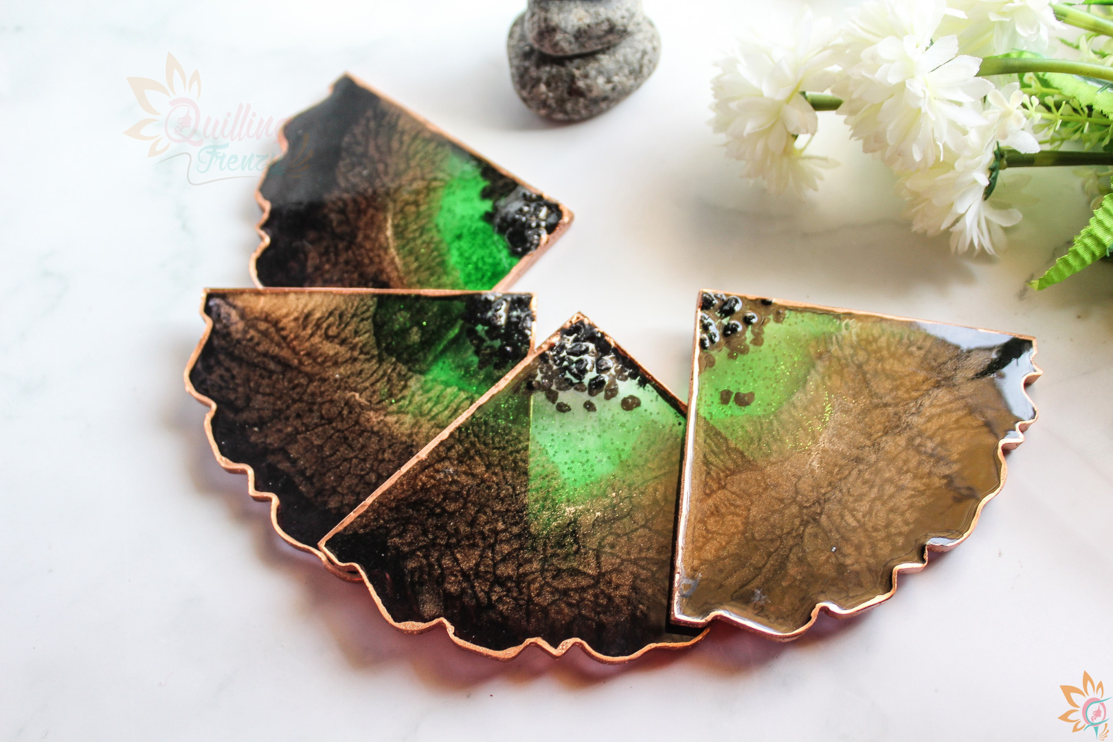 Green, Brownish Copper and Black irregular resin coasters - Set of 4