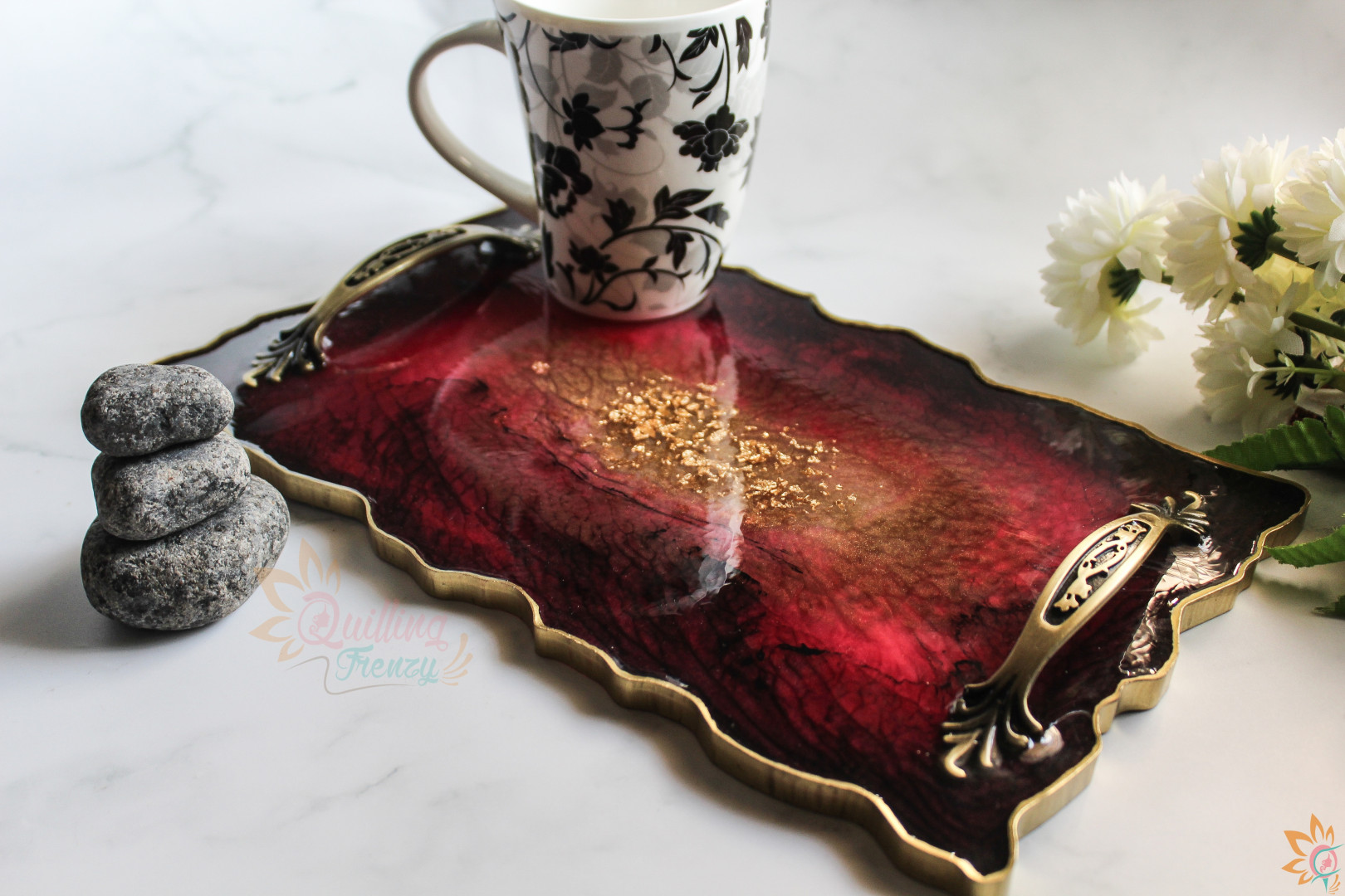 Pink, Black and Gold luxury Resin Tray and Coasters - Set of 5