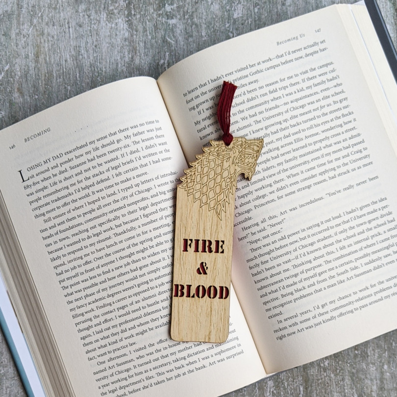 Game of Thrones theme Fire & Blood premium wooden engraved bookmark, Fantasy collection