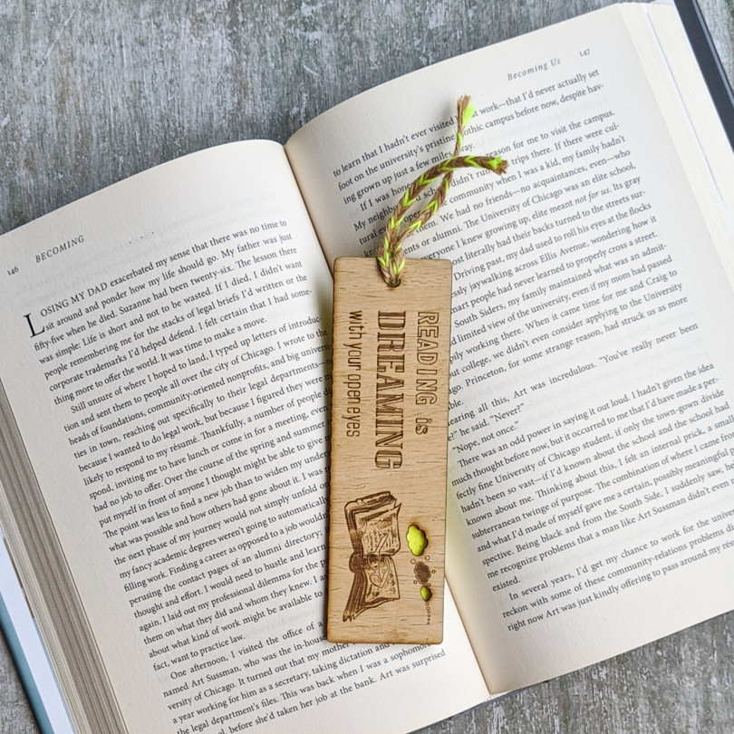 Books and dreams premium wooden engraved bookmark, Reader's collection