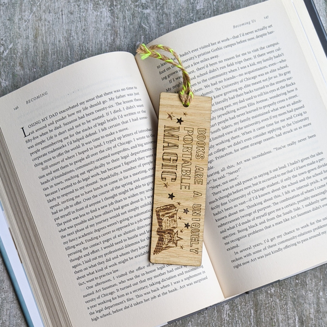 Books and magic premium wooden engraved bookmark, Reader's collection
