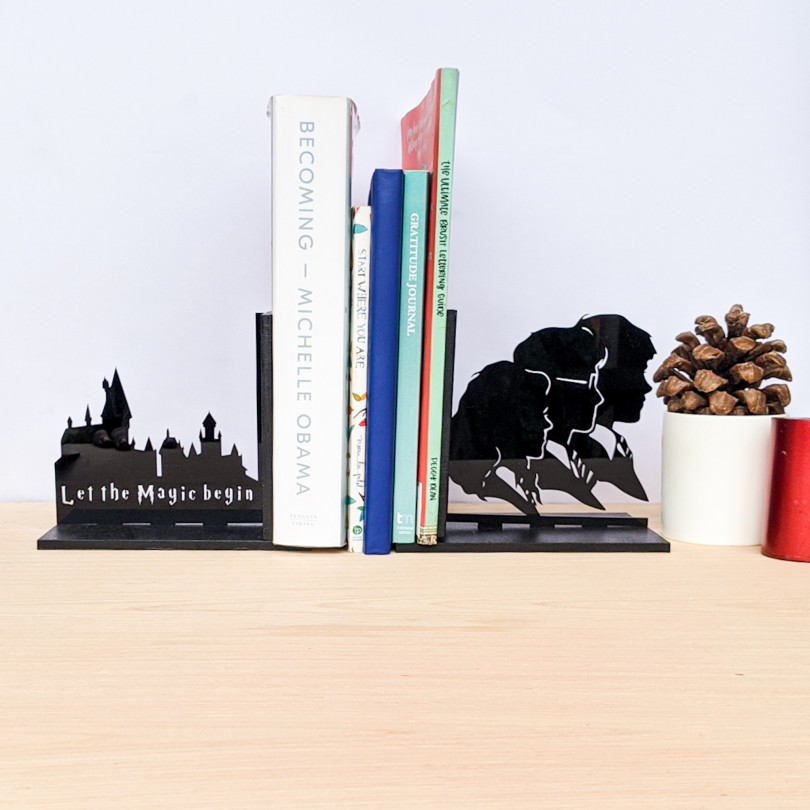 Harry Potter inspired Hogwarts and the Golden Trio laser cut bookends set | Book holder, Fantasy collection