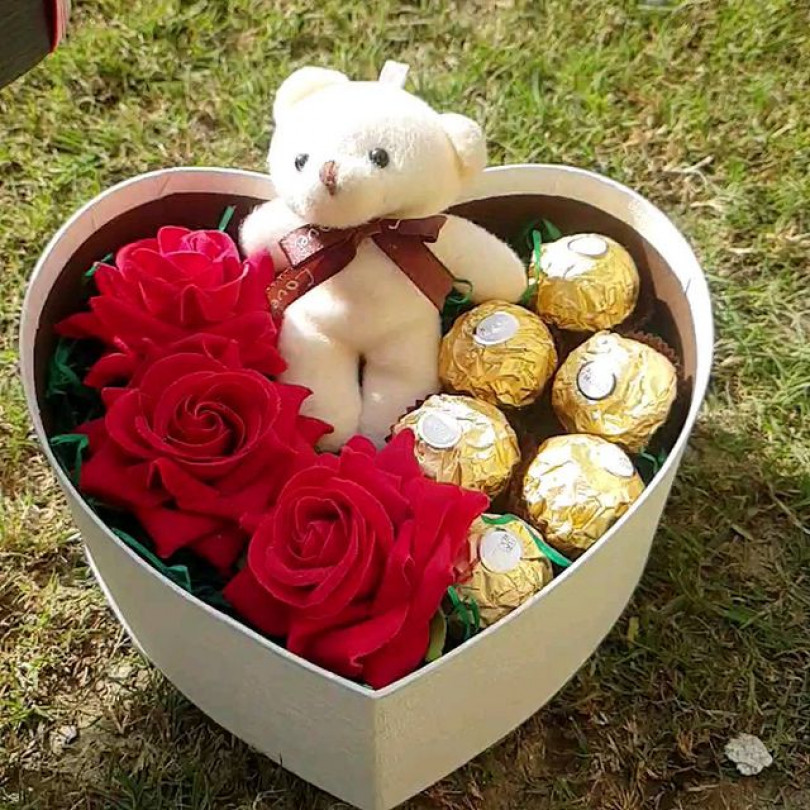 Valentines Heart shape Chocolate Rose box with Teddy in it