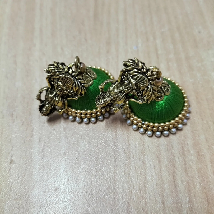 Green Silk thread Earring with Goddess Lakshmi Stud