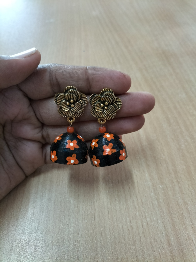 Black with orange flower Handpainted earring