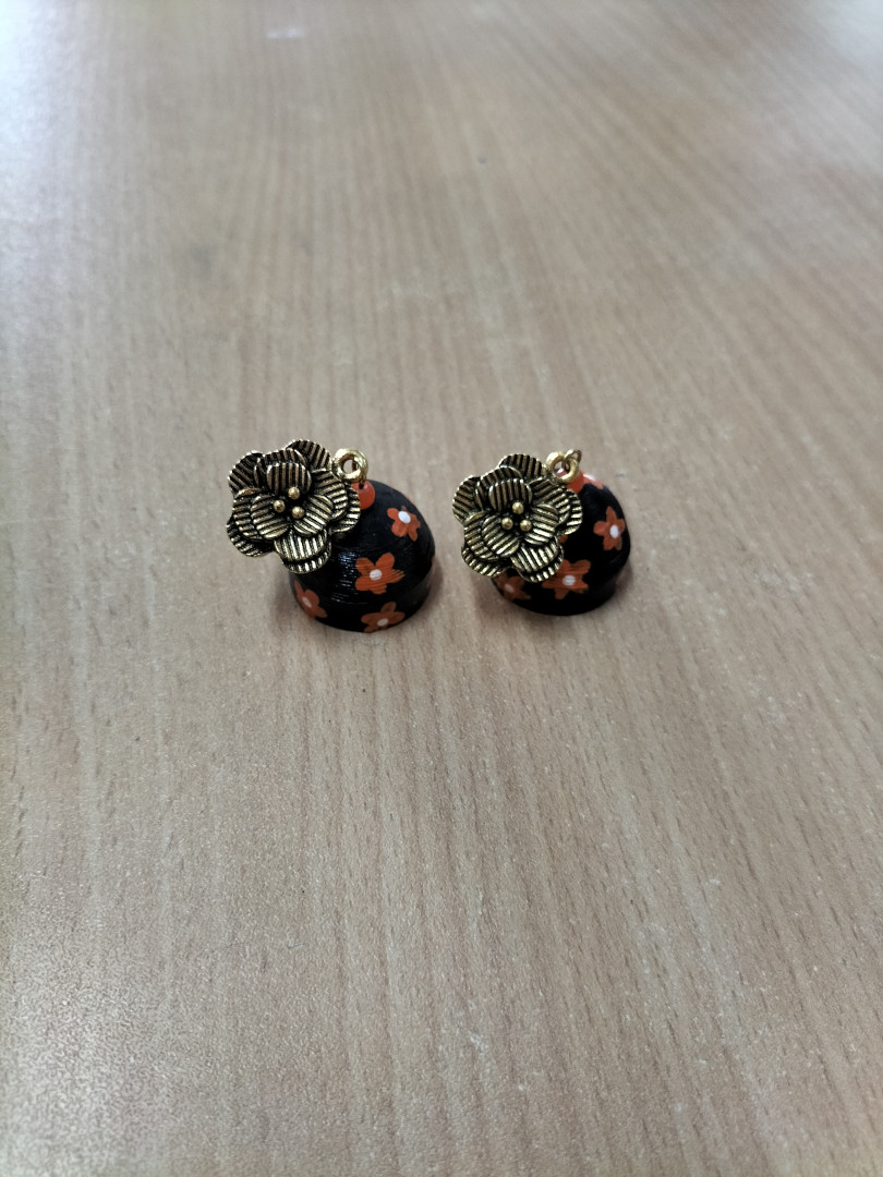 Black with orange flower Handpainted earring