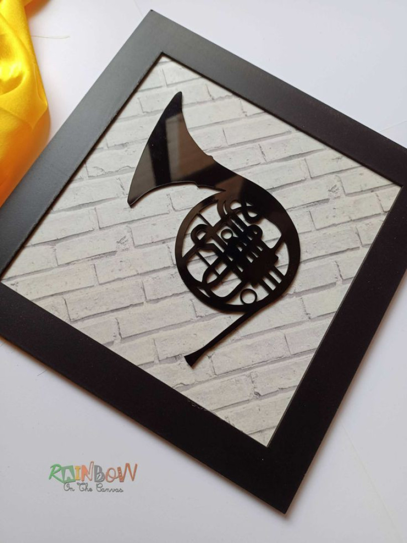 Blue French horn wall art in black and white version