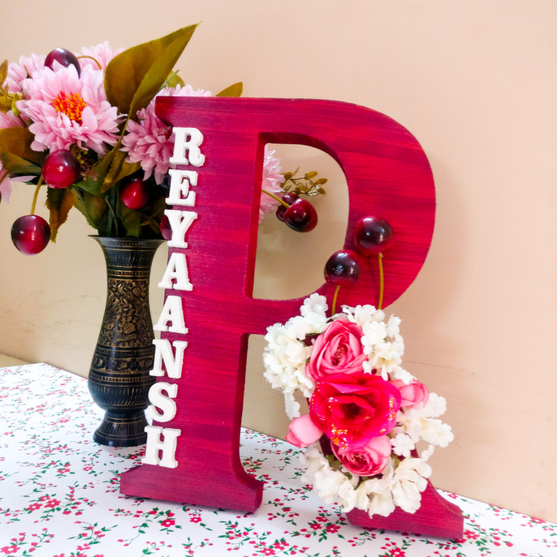 Wooden designer monogrammed initials decorated with embellishments | Red