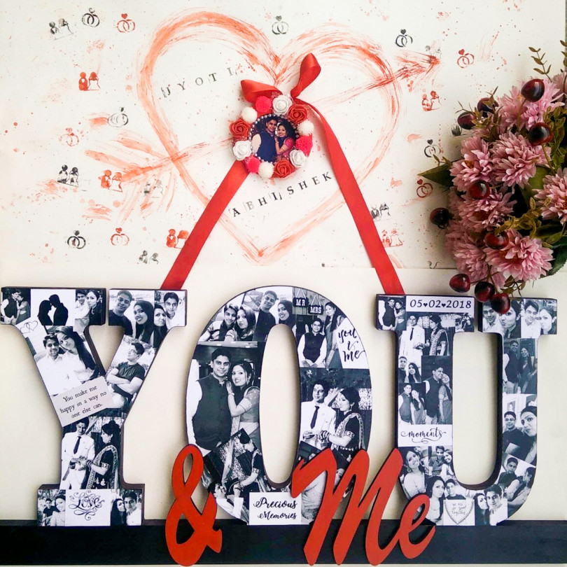 Decorative wooden 'You & me' wall hanging for couples with photos