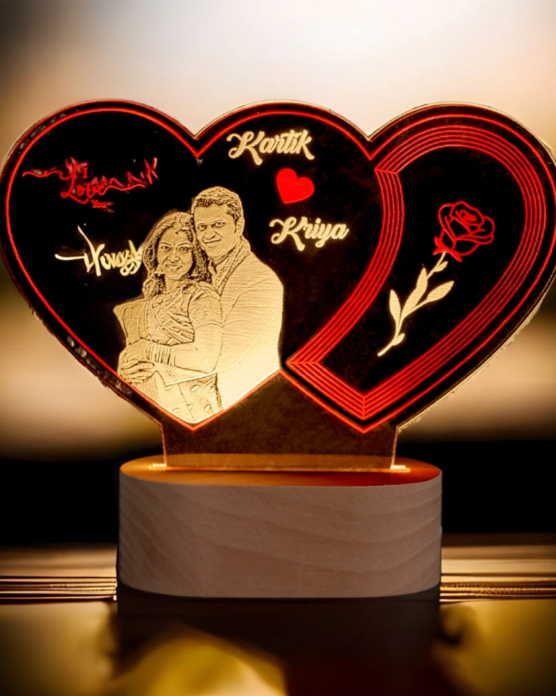 Laser Engraved customised LED Acrylic photo romantic hearts frame with two color effect