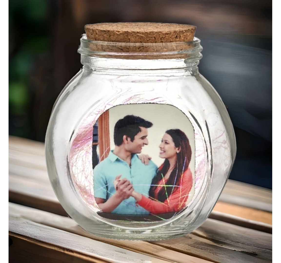 Glass Bottle jar romantic With Wooden Photo Cutout