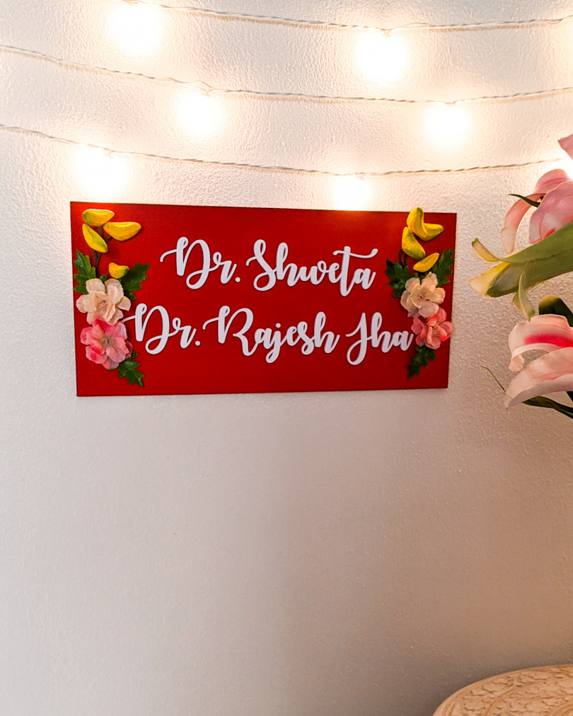 Couple and family wooden name plate with flowers