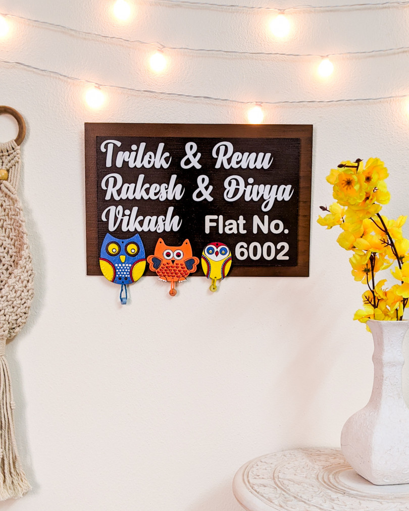 Couple and family wooden name plate with owls