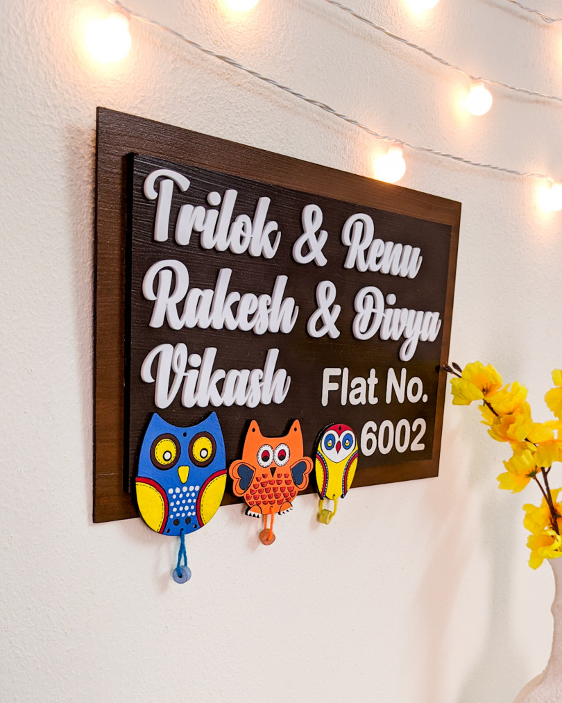 Couple and family wooden name plate with owls