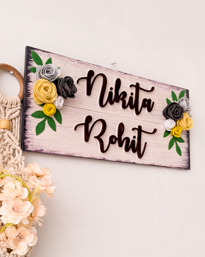 Couple and family wooden name plate with felt flowers