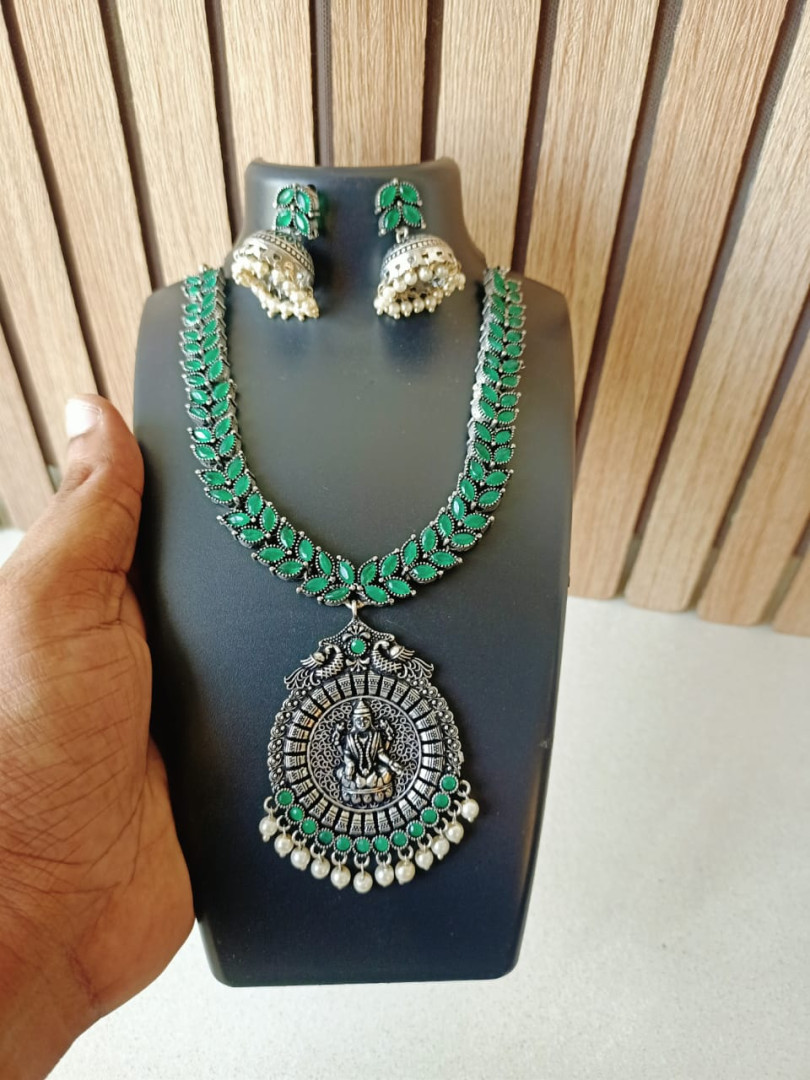 Traditional oxidized necklace set with earring (Green)