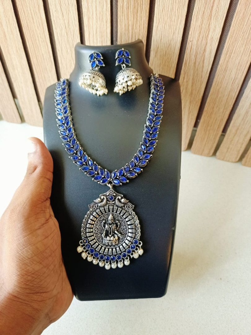 Traditional oxidized necklace set with earring(Blue)