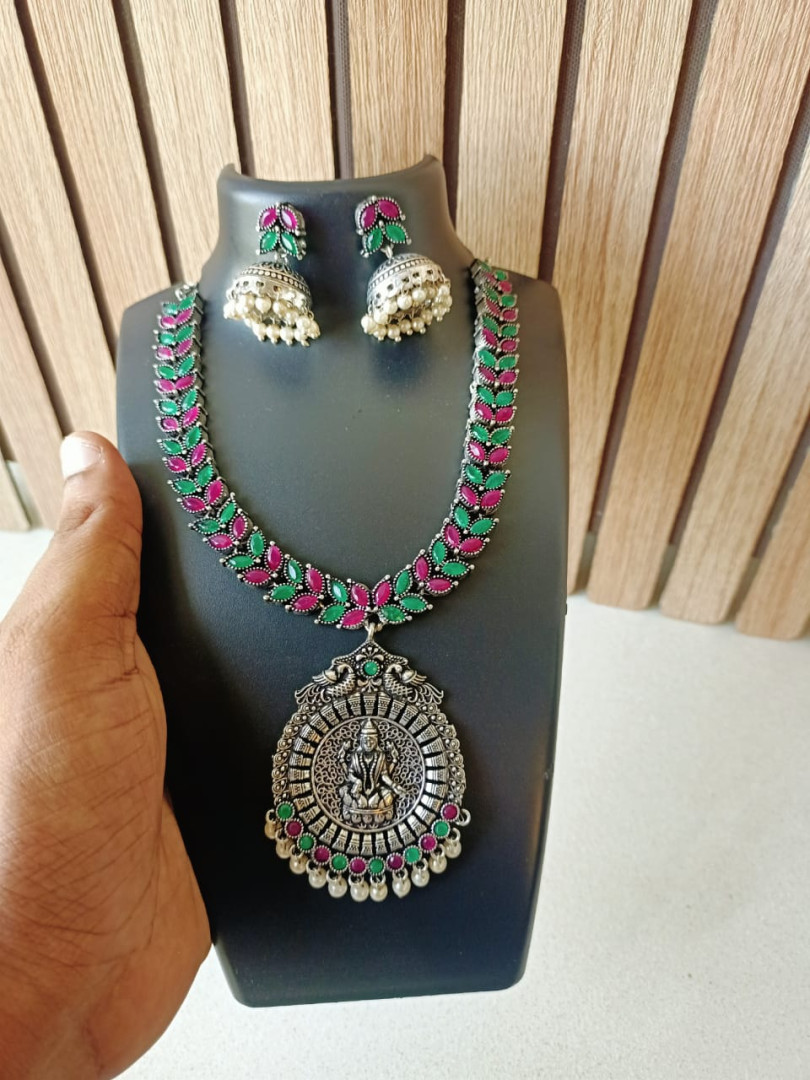 Traditional Oxidized necklace set with earring jhumki (Pink with Green)