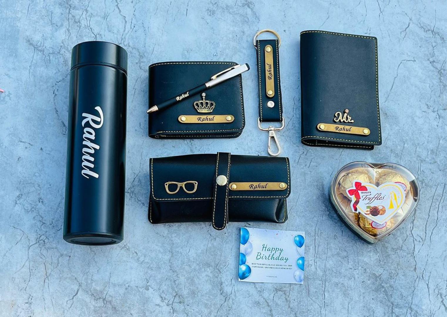 Combo for men(Wallet, keychain, Temperature bottle, sunglass cover, passport cover, pen, chocolate) hamper