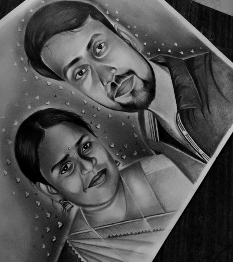 Art 12*8 Inches Two person Black and White Pencil portrait with Frame