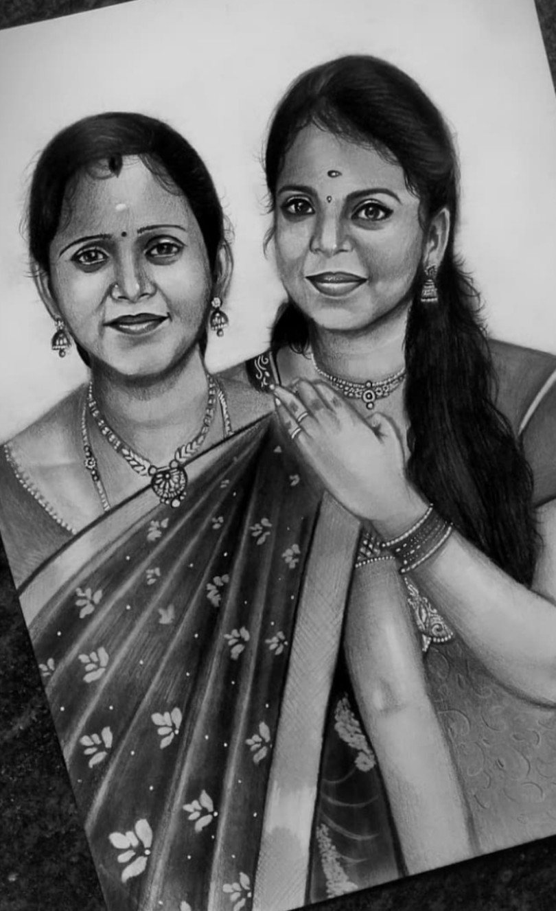 Art 12*8 Inches Two person Black and White Pencil portrait with Frame