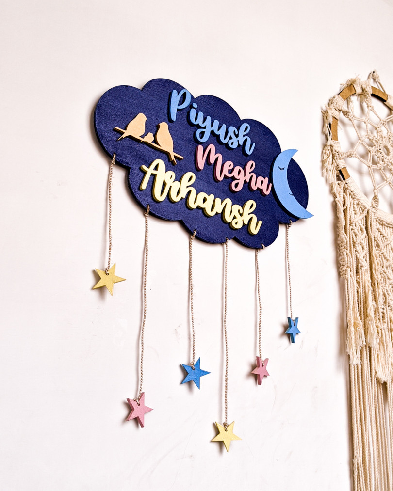 Cloud, moon and stars wooden wall hanging | Kids décor- Blue