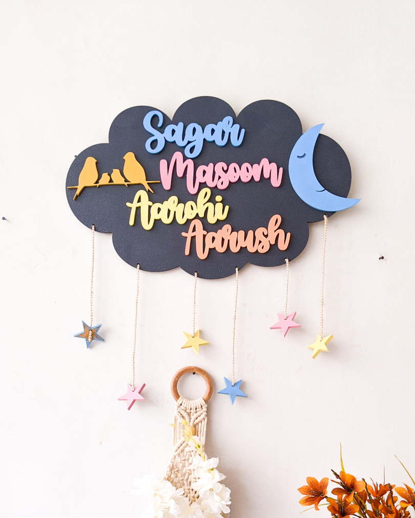 Cloud, moon and stars wooden wall hanging | Kids décor- Grey