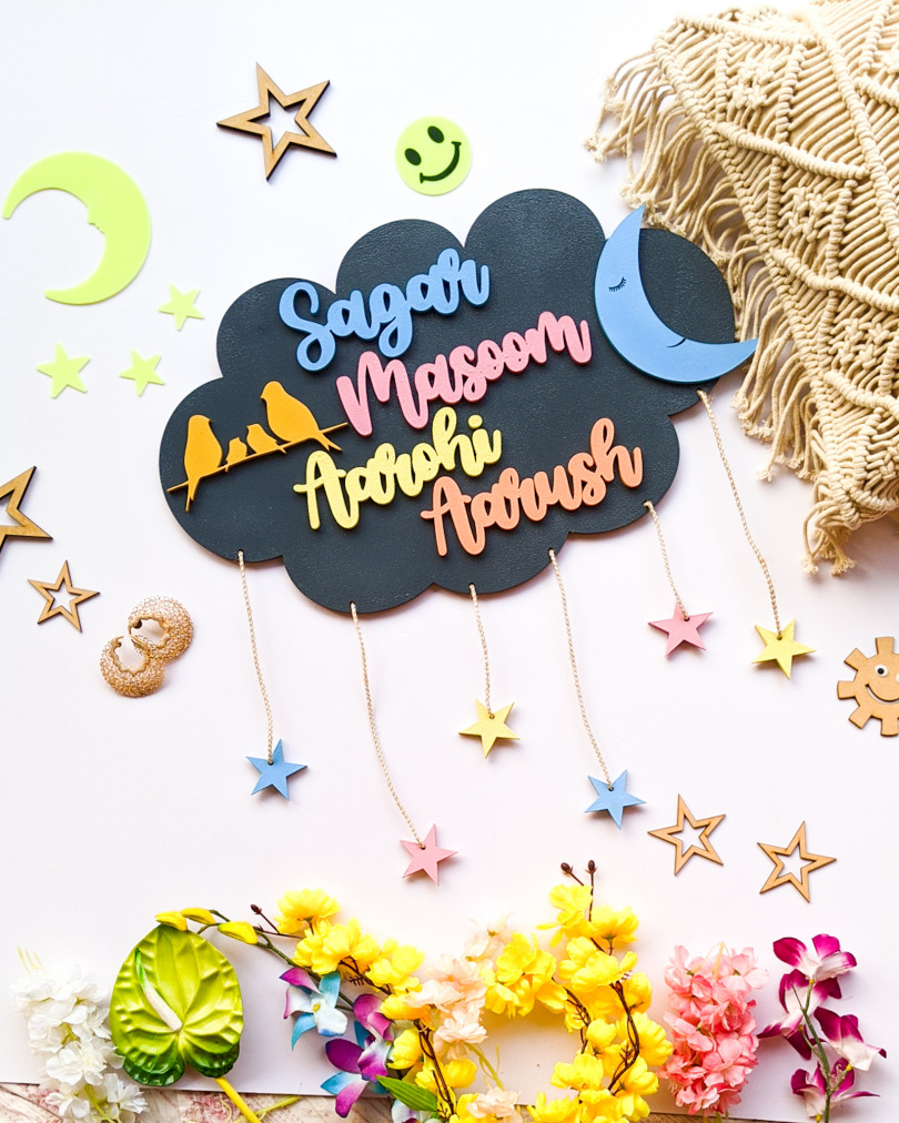 Cloud, moon and stars wooden wall hanging | Kids décor- Grey