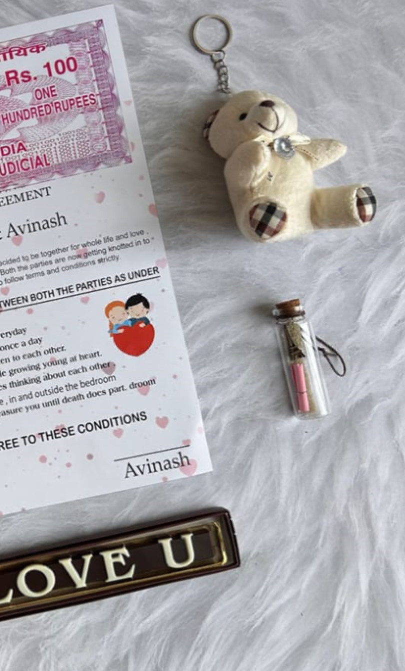 Customised Valentine combo | Love Agreement | I Love U Chocolate | Teddy Keychain | Message Bottle