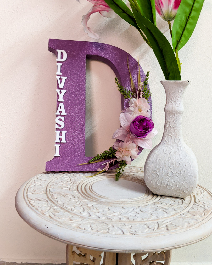 Wooden designer monogrammed initials decorated with flowers | Lavender