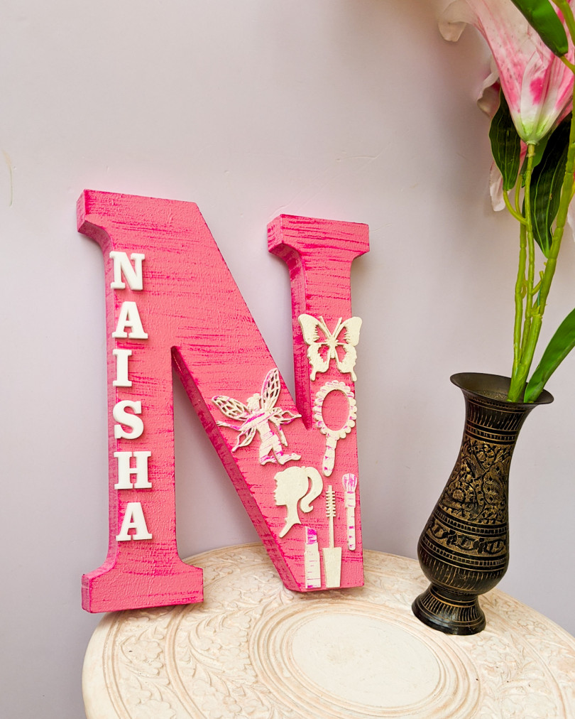 Wooden designer monogrammed initials decorated with embellishments | Pink