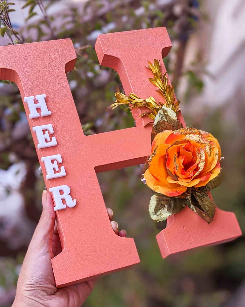 Wooden designer monogrammed initials decorated with flowers | Peach