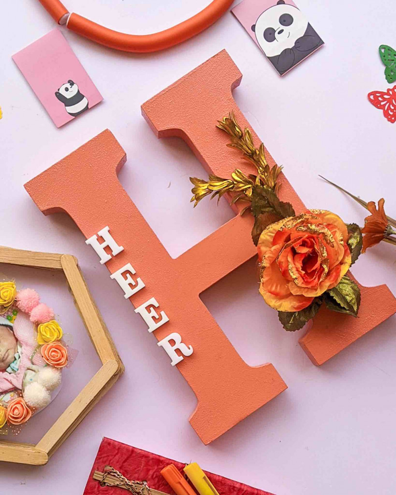 Wooden designer monogrammed initials decorated with flowers | Peach