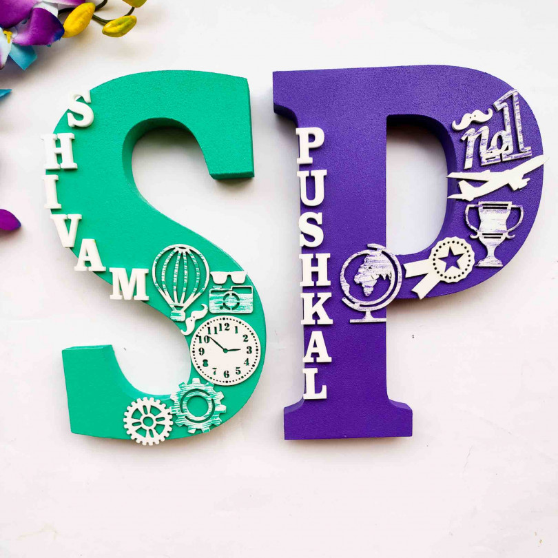 Wooden designer monogrammed initials decorated with embellishments | Purple