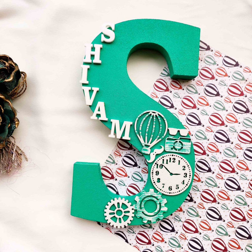 Wooden designer monogrammed initials decorated with embellishments | Turquoise green